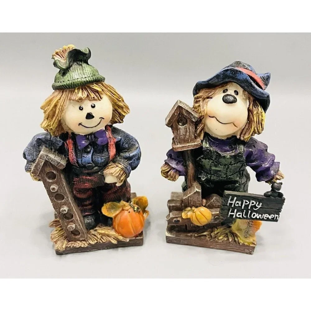 Set Of 2 Scarecrow Figurines 6” Fall Decor Halloween Birdhouse Jubilee Giftware